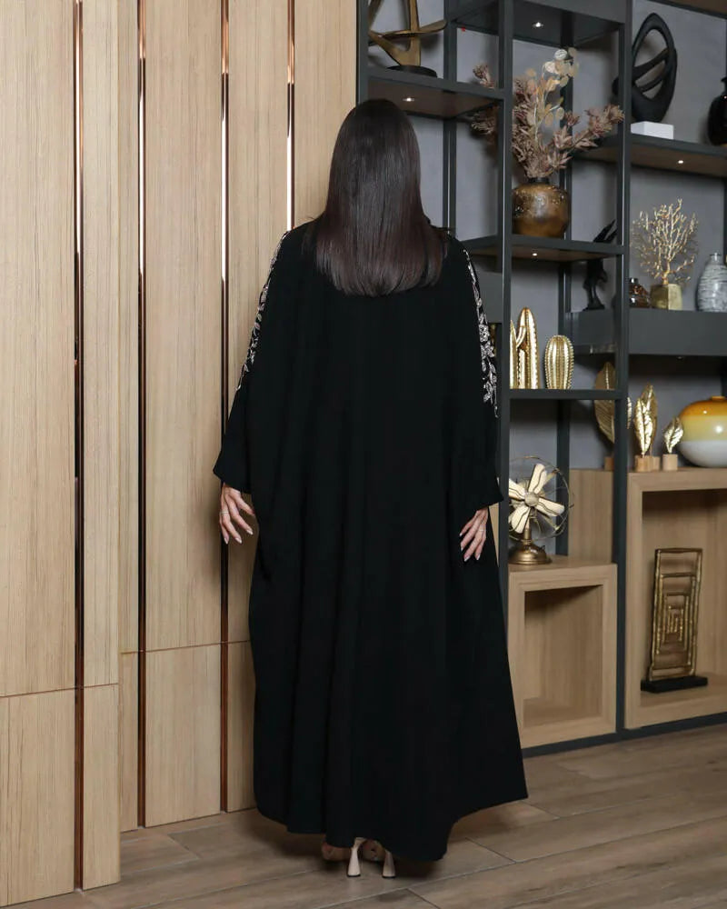 Free size black crepe abaya with rose gold embroidery
