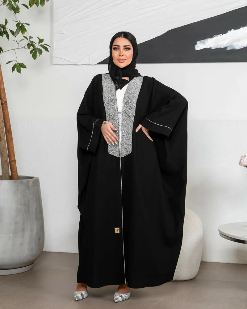 Free size crepe cloak abaya with silver embroidery