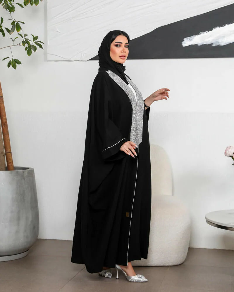 Free size crepe cloak abaya with silver embroidery