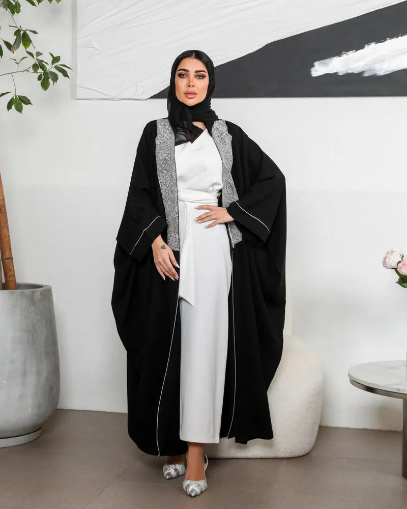 Free size crepe cloak abaya with silver embroidery