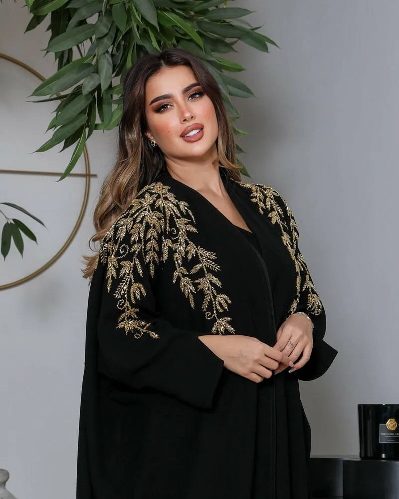 Free size black crepe abaya with embroidered lining inside
