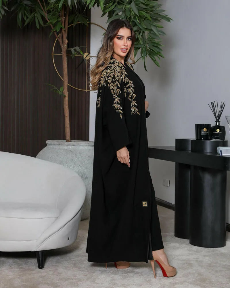 Free size black crepe abaya with embroidered lining inside