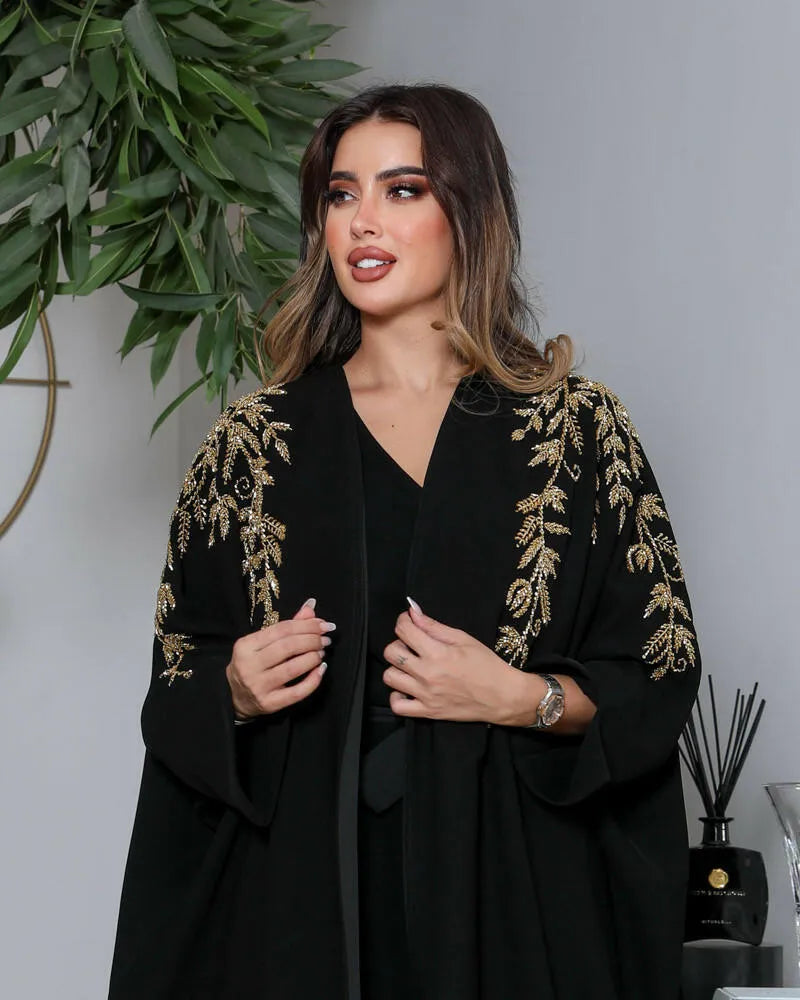 Free size black crepe abaya with embroidered lining inside