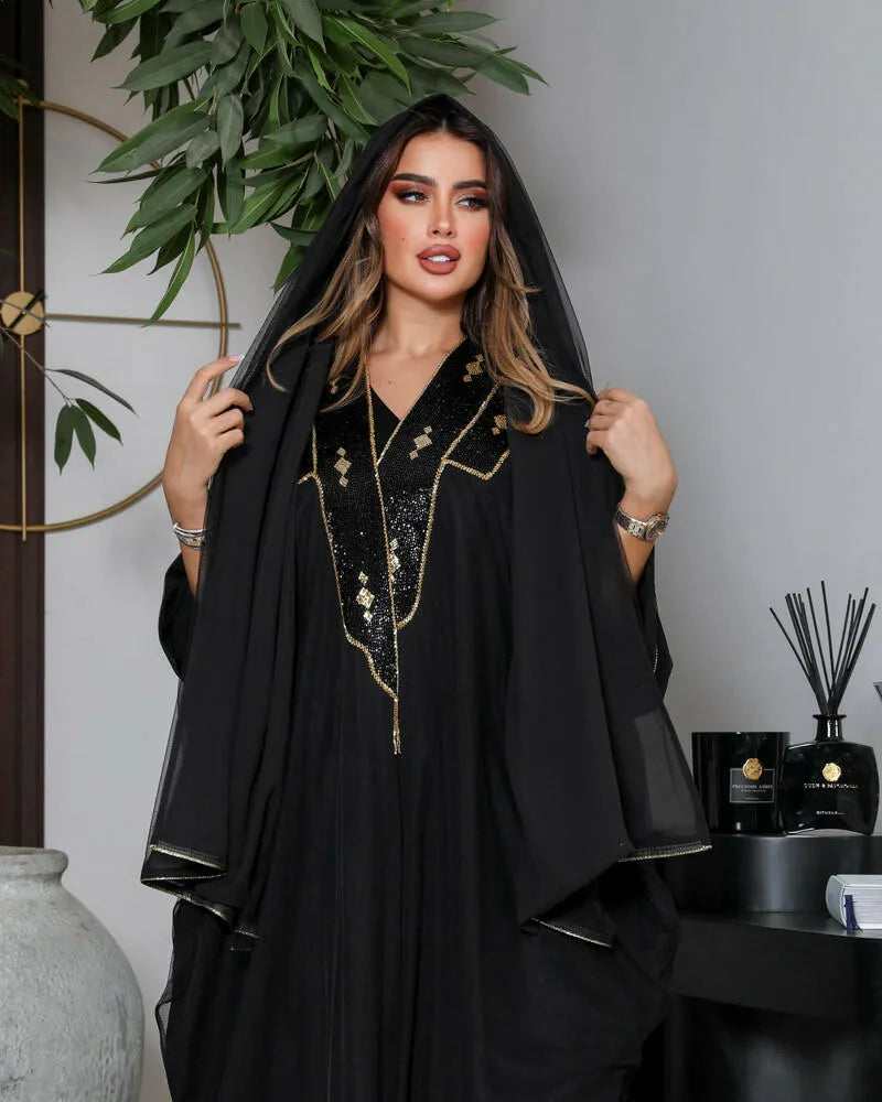 Crepe cloak abaya with black and golden embroidery and lining