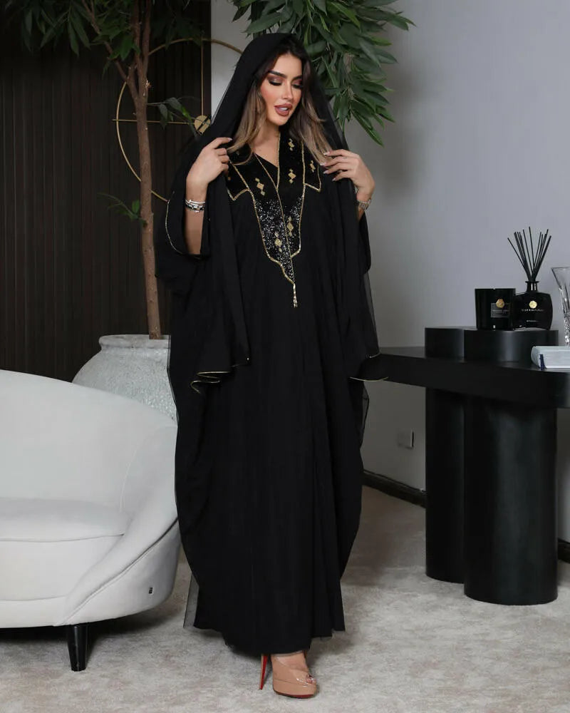 Crepe cloak abaya with black and golden embroidery and lining