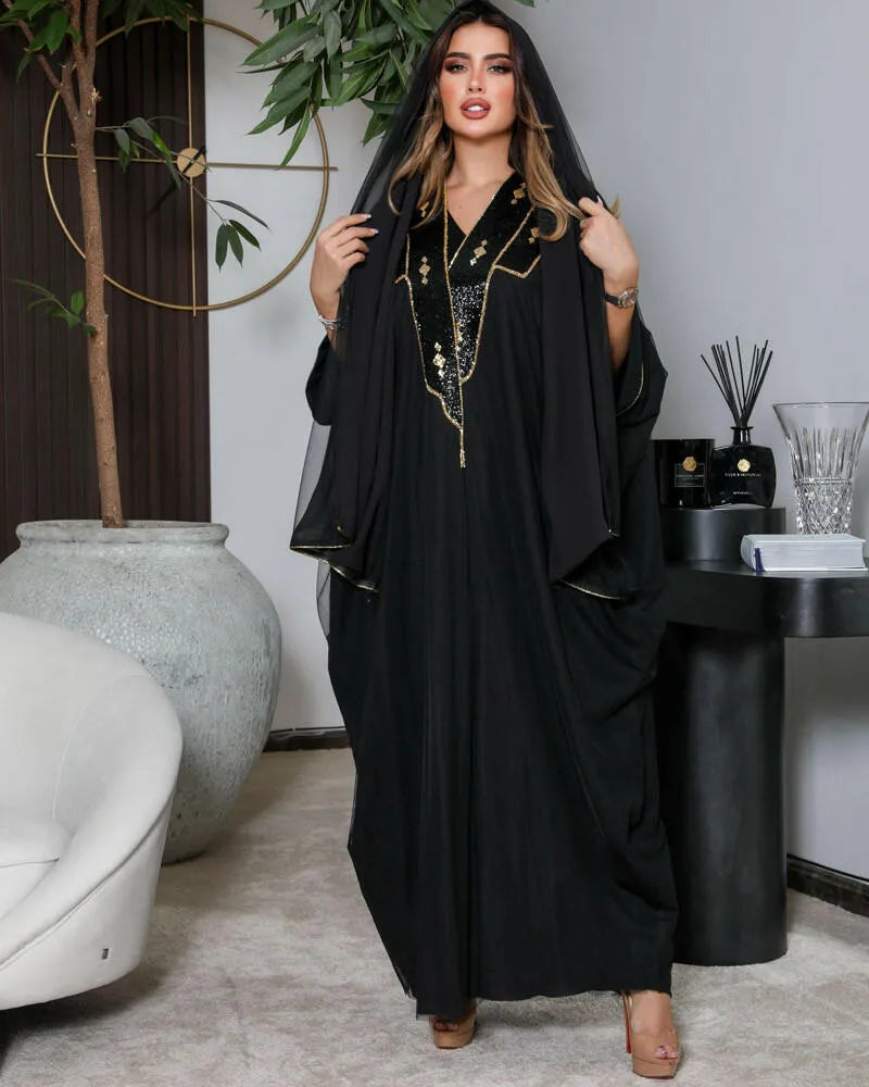 Crepe cloak abaya with black and golden embroidery and lining