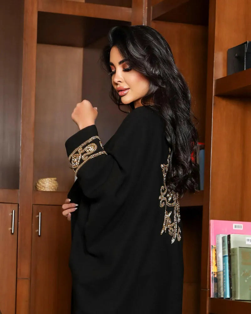 Free size crepe abaya with white and golden embroidery