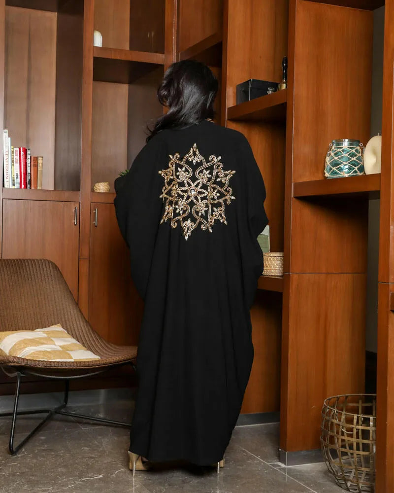 Free size crepe abaya with white and golden embroidery
