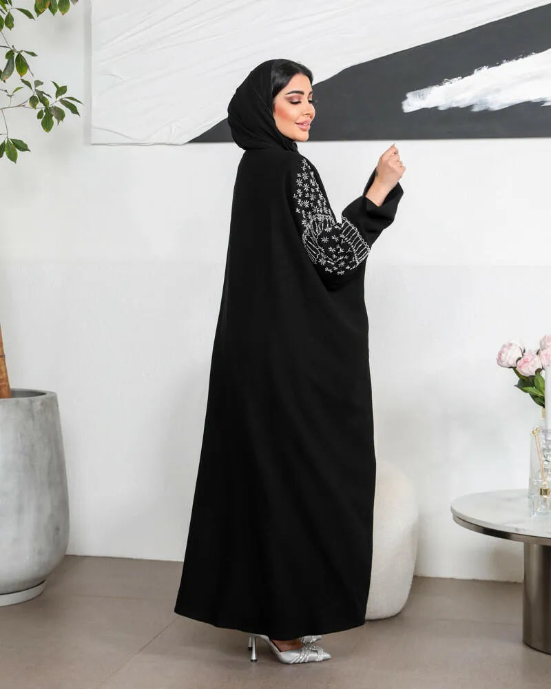 Free size crepe abaya with embroidery on the sleeves and lining