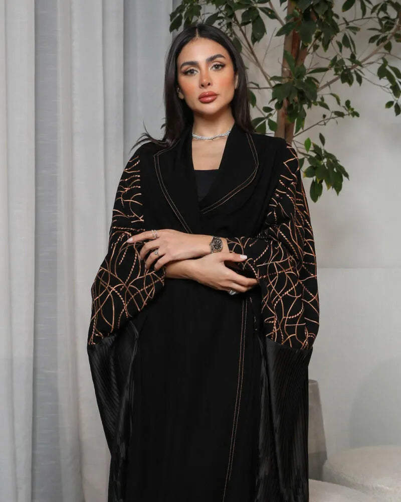 Free size crepe abaya with camel embroidery and pleats on the back