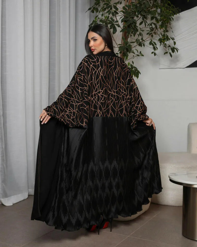 Free size crepe abaya with camel embroidery and pleats on the back