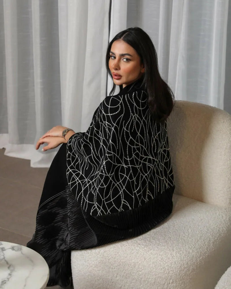 Free size crepe abaya with silver embroidery and pleats on the back