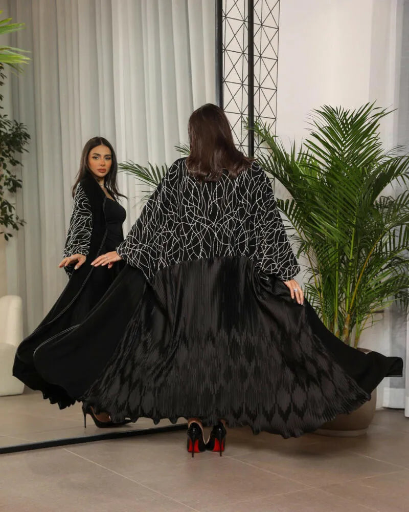 Free size crepe abaya with silver embroidery and pleats on the back
