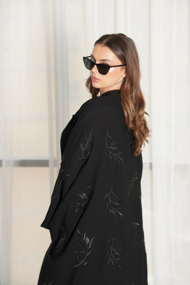 Free size crepe abaya with embroidery on the back and plain in front