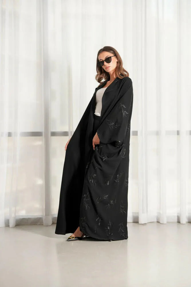 Free size crepe abaya with embroidery on the back and plain in front