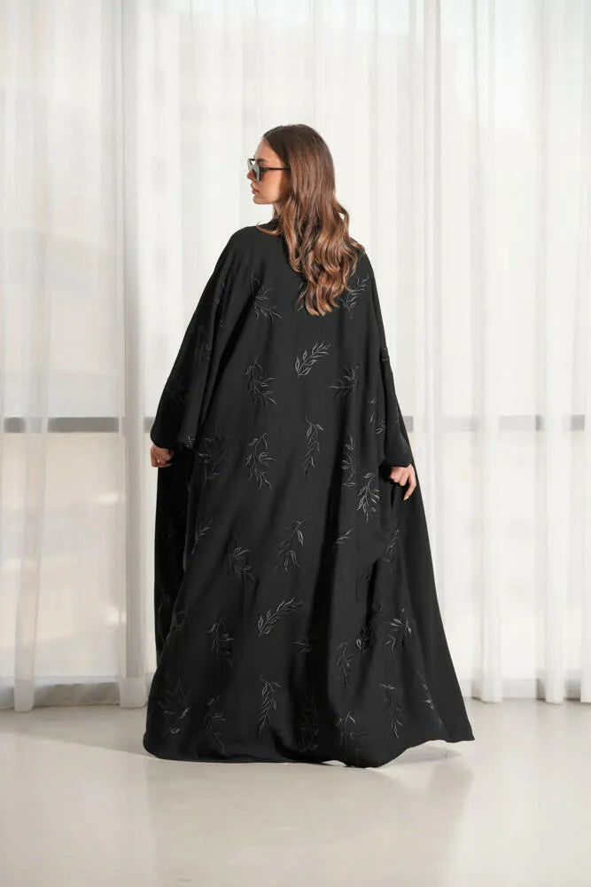 Free size crepe abaya with embroidery on the back and plain in front
