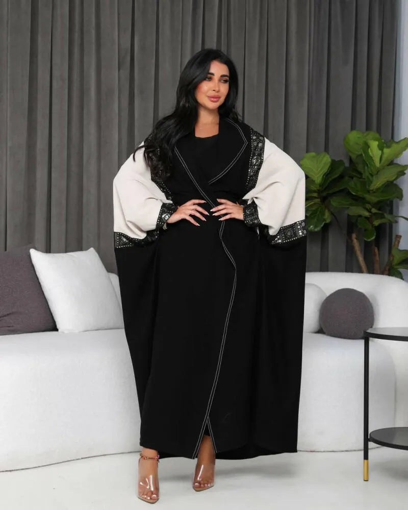 Free size beige crepe abaya with polka dots