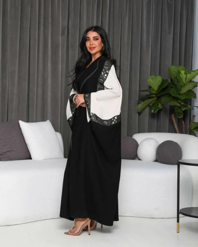 Free size beige crepe abaya with polka dots