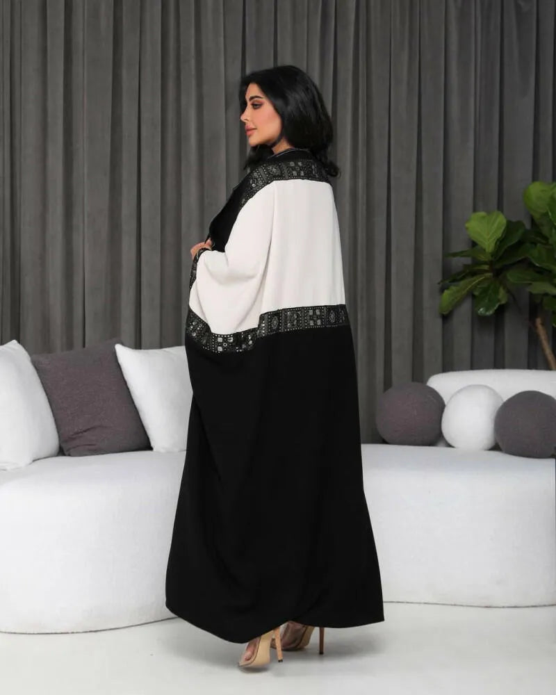 Free size beige crepe abaya with polka dots