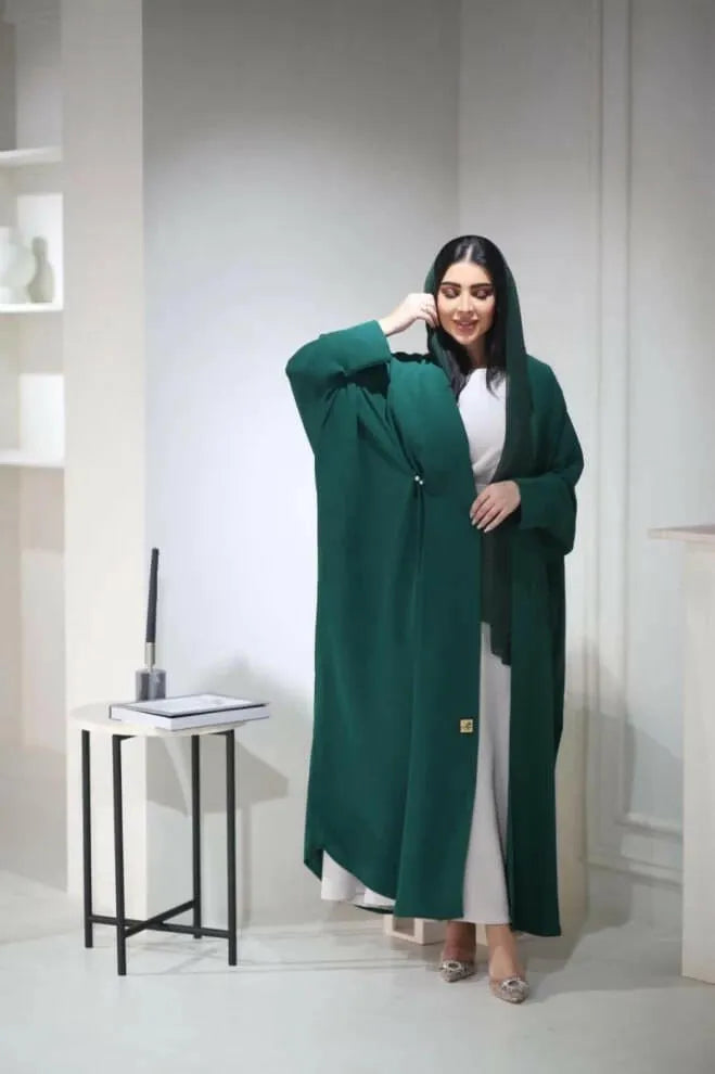 Free size green padded crepe abaya with pleats