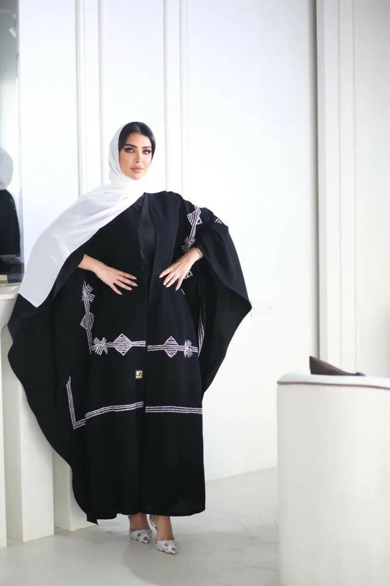 Free size shawl abaya with white embroidery from the front