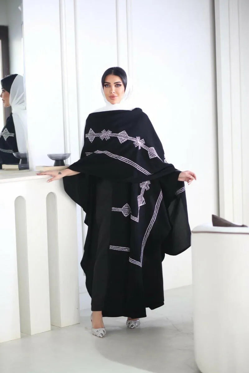 Free size shawl abaya with white embroidery from the front