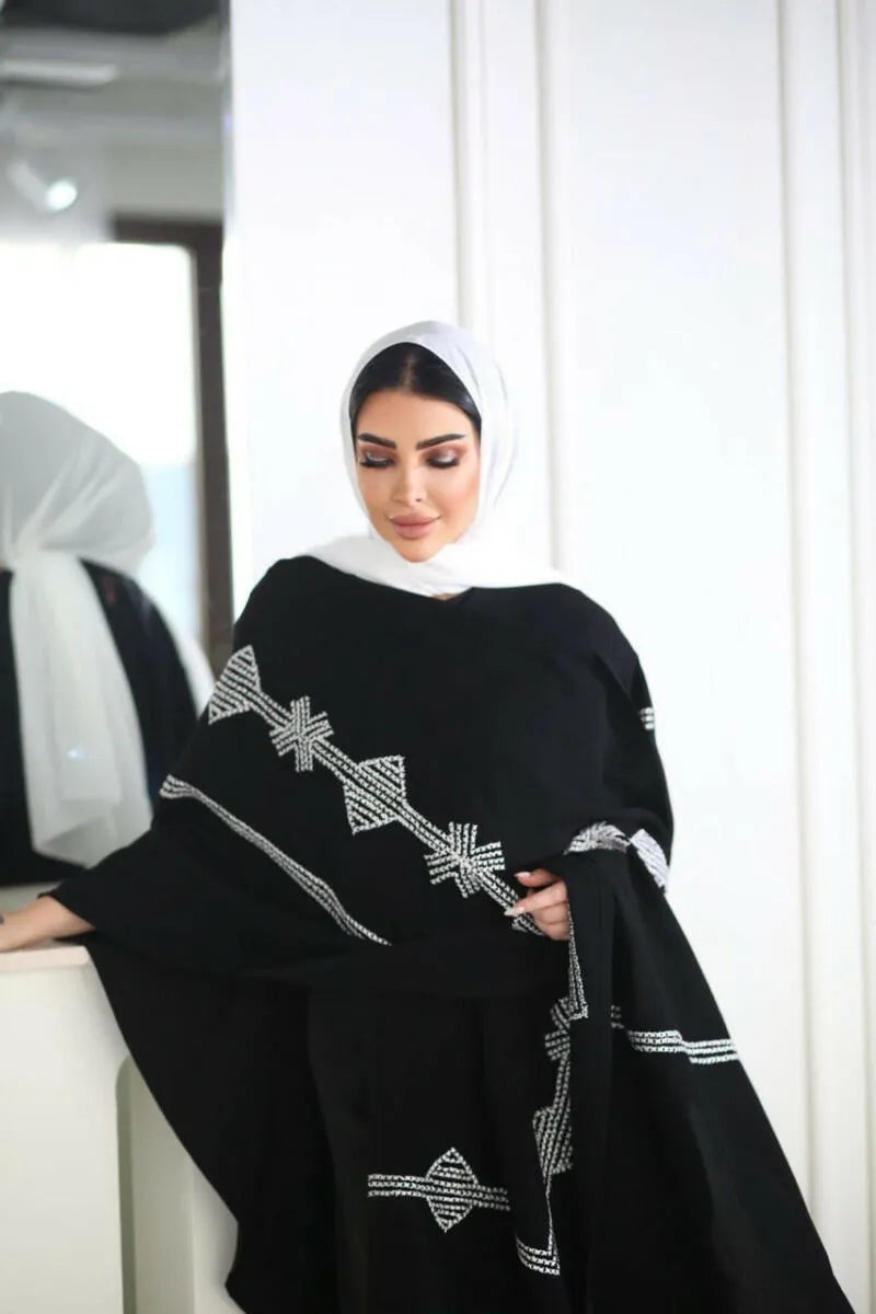 Free size shawl abaya with white embroidery from the front
