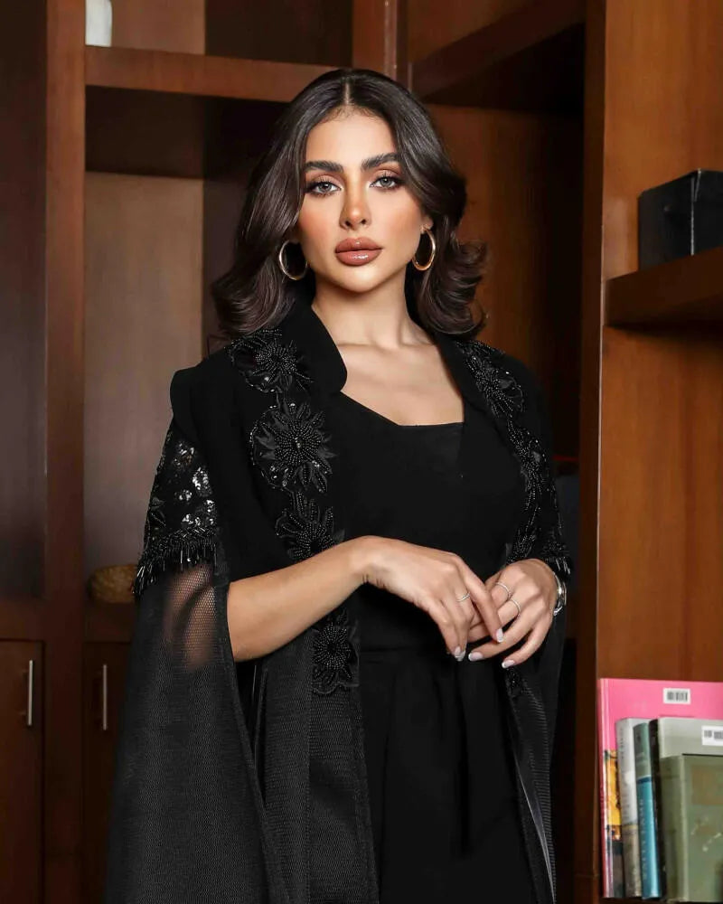 Black crepe cloak abaya with handmade embroidery and embroidery