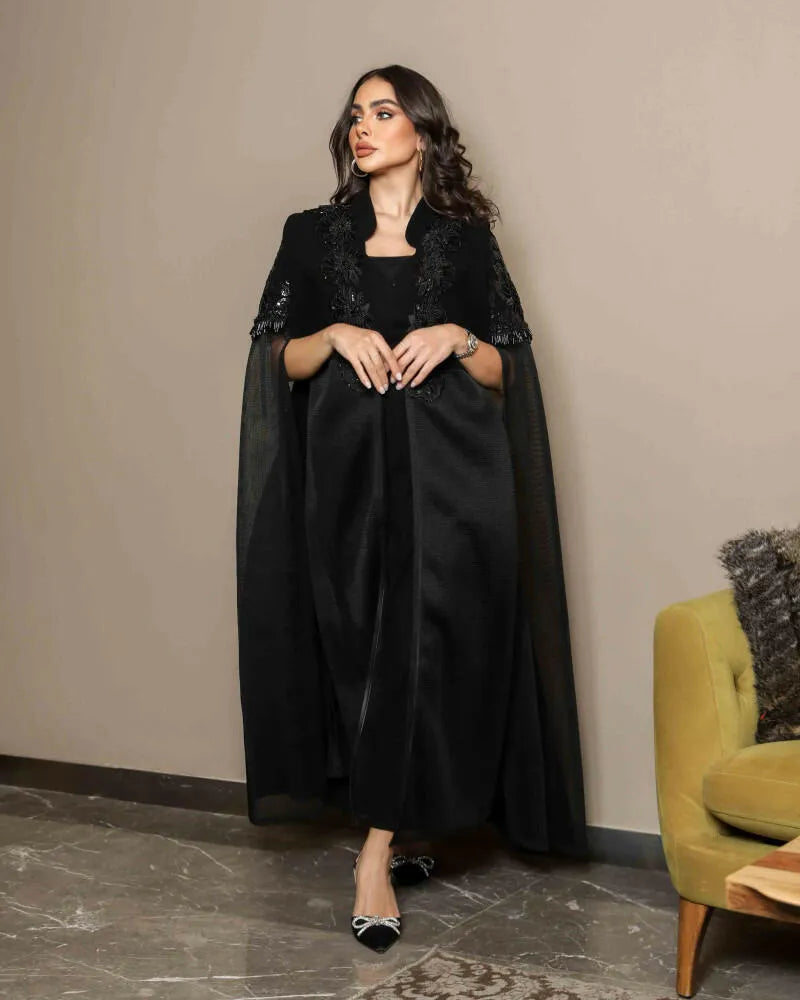 Black crepe cloak abaya with handmade embroidery and embroidery