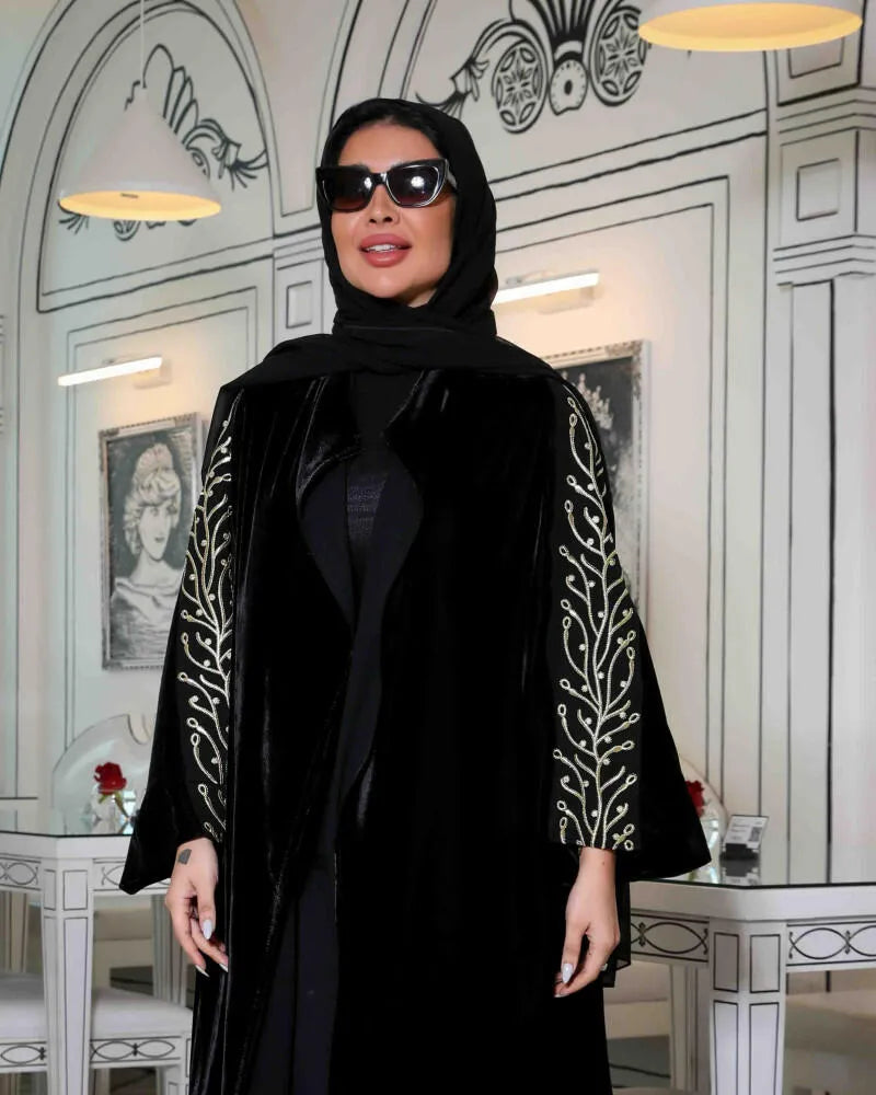 Free size velvet abaya with gold embroidery