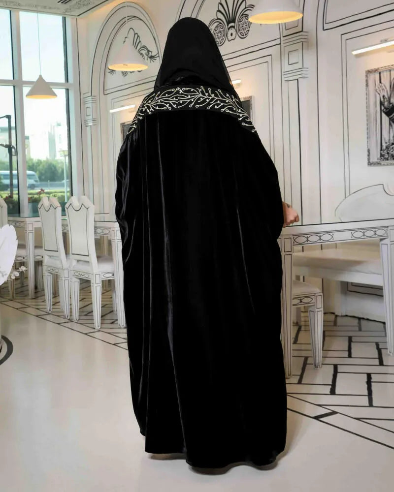 Free size velvet abaya with gold embroidery