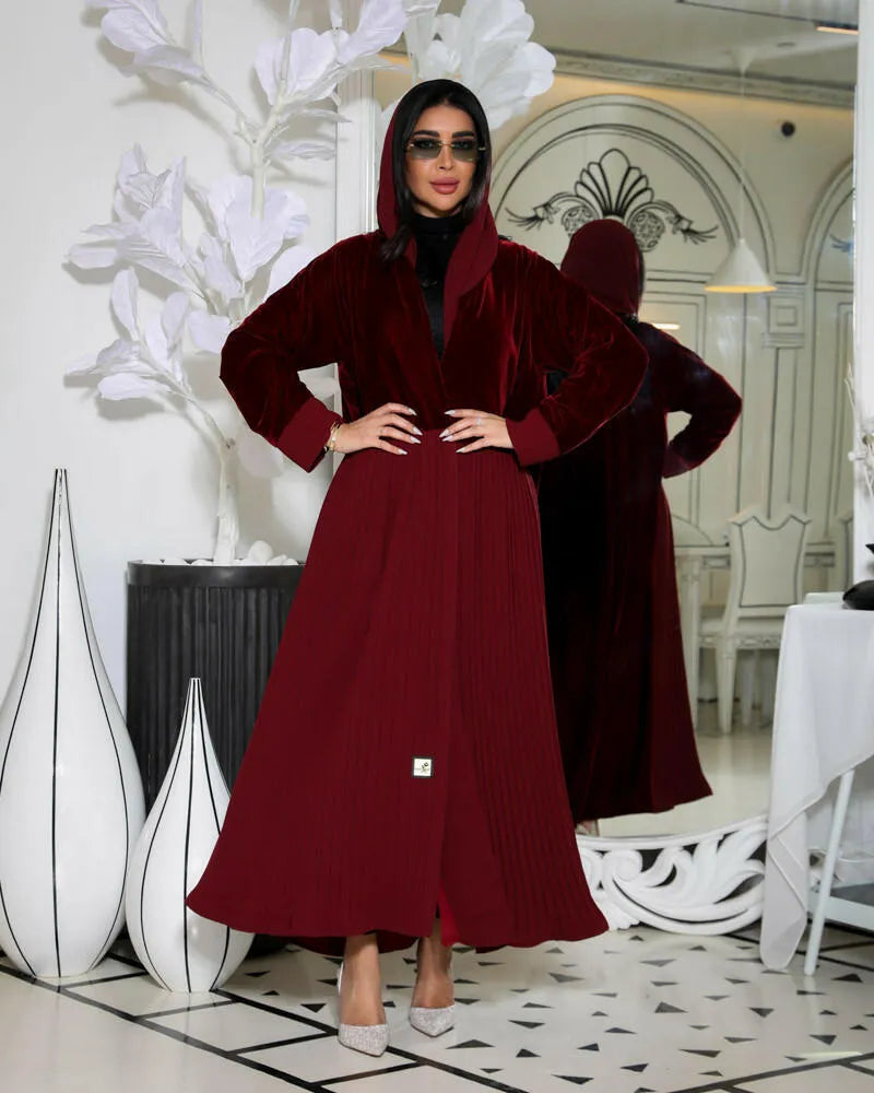 Velvet blazer abaya with maroon crepe and pleats