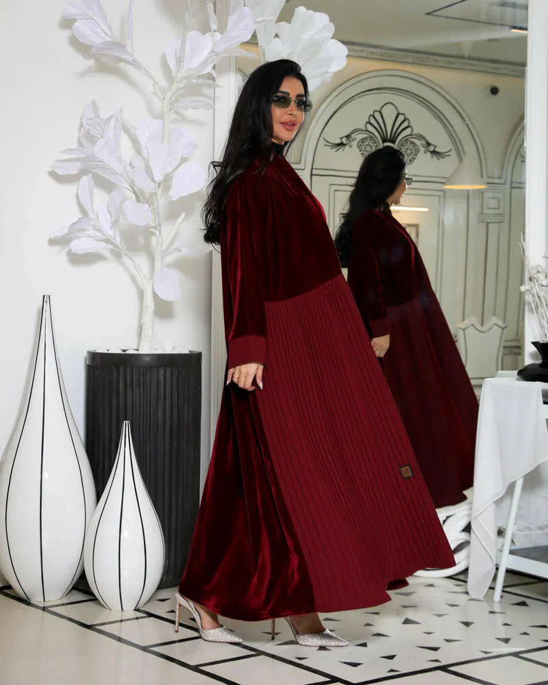 Velvet blazer abaya with maroon crepe and pleats