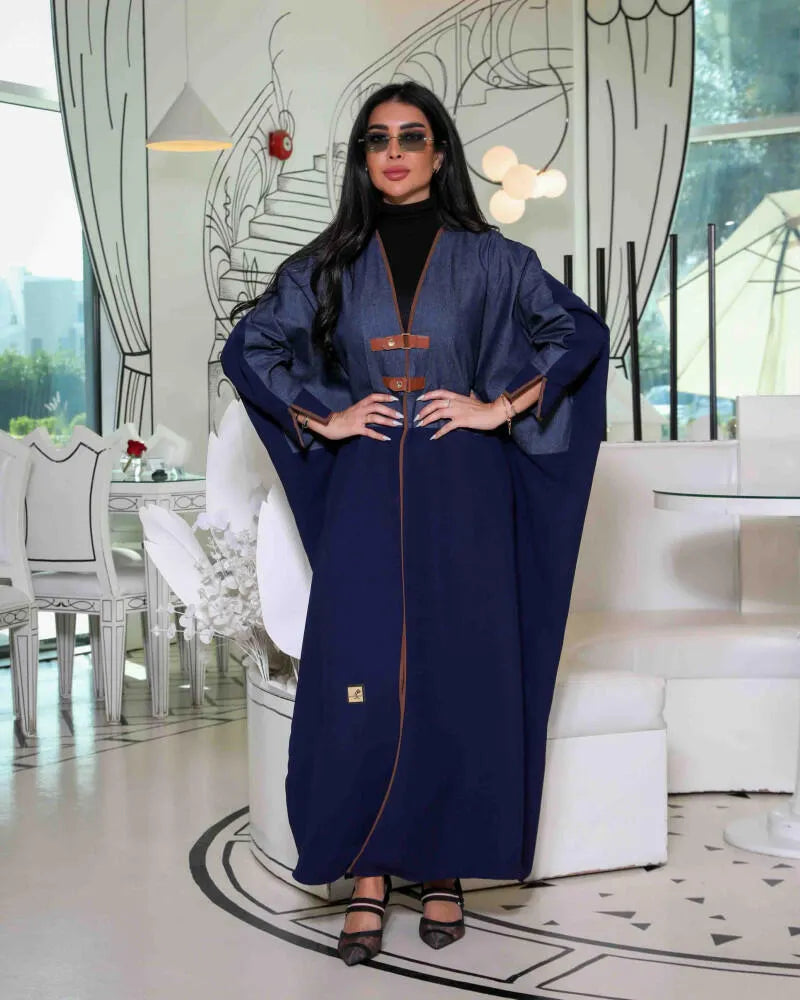 Free size jeans abaya with navy crepe and two belts