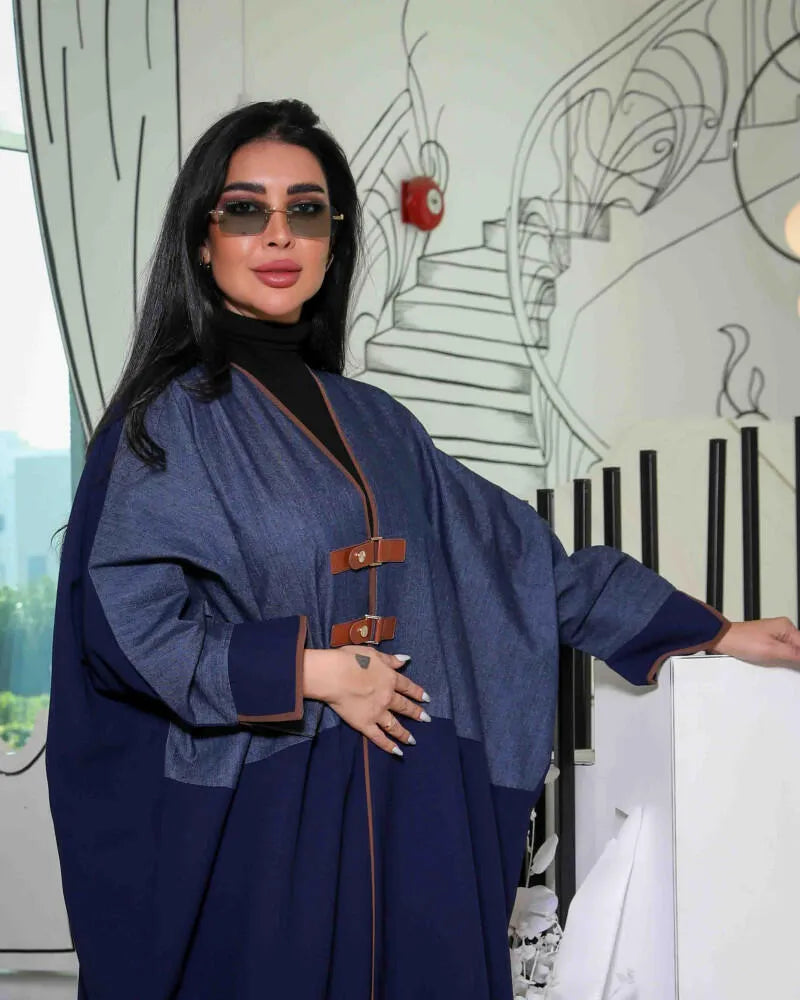 Free size jeans abaya with navy crepe and two belts