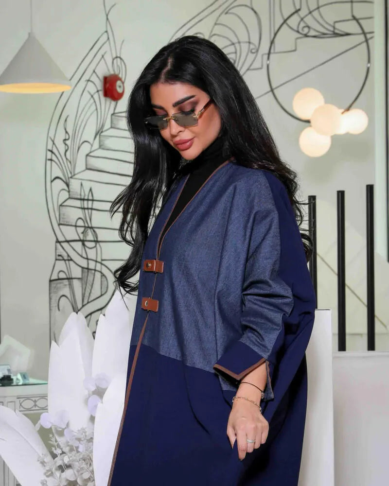 Free size jeans abaya with navy crepe and two belts