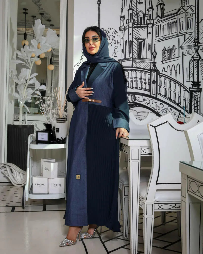 Jeans crepe blazer abaya with a belt and pleats