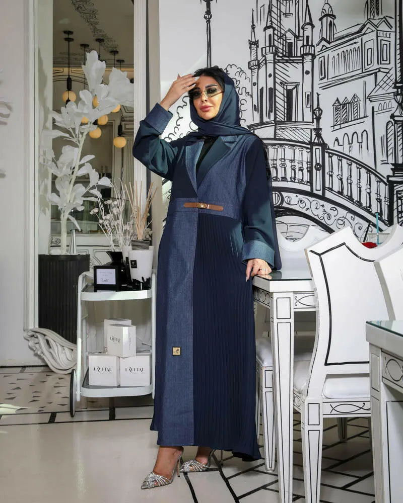 Jeans crepe blazer abaya with a belt and pleats