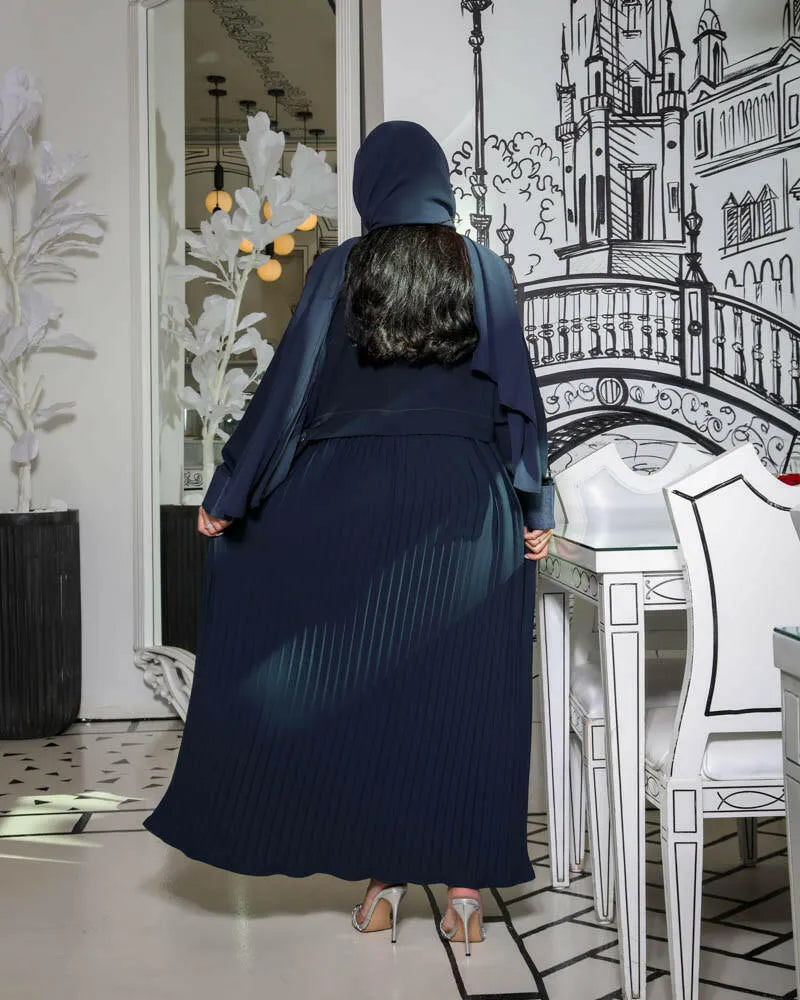 Jeans crepe blazer abaya with a belt and pleats