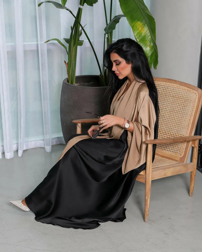 Free size black and gold silk abaya