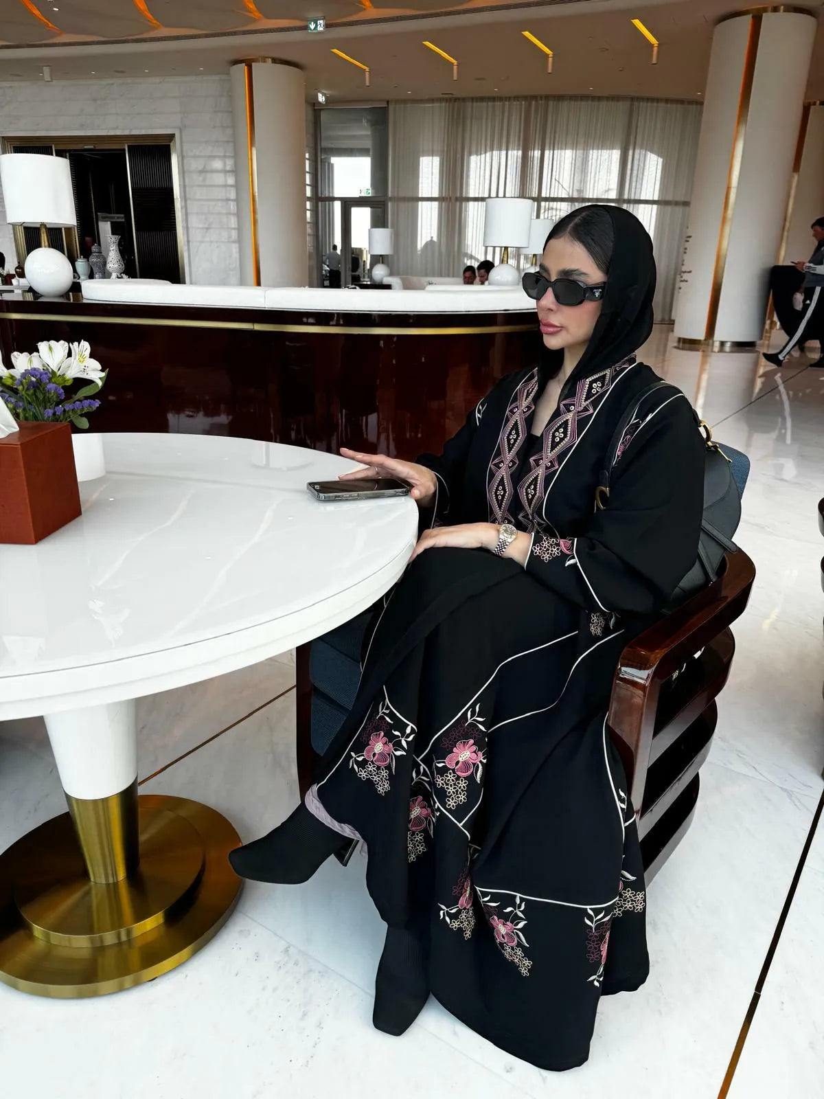 Black crepe abaya with pink embroidery