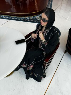 Black crepe abaya with pink embroidery