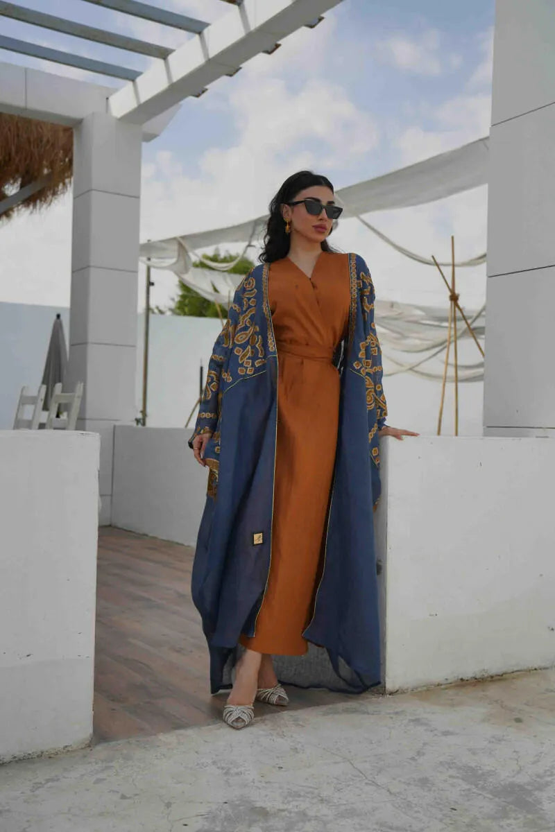 Navy blue jute fabric cloak with gold embroidery