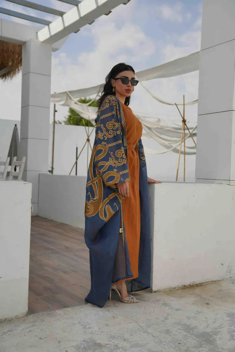 Navy blue jute fabric cloak with gold embroidery