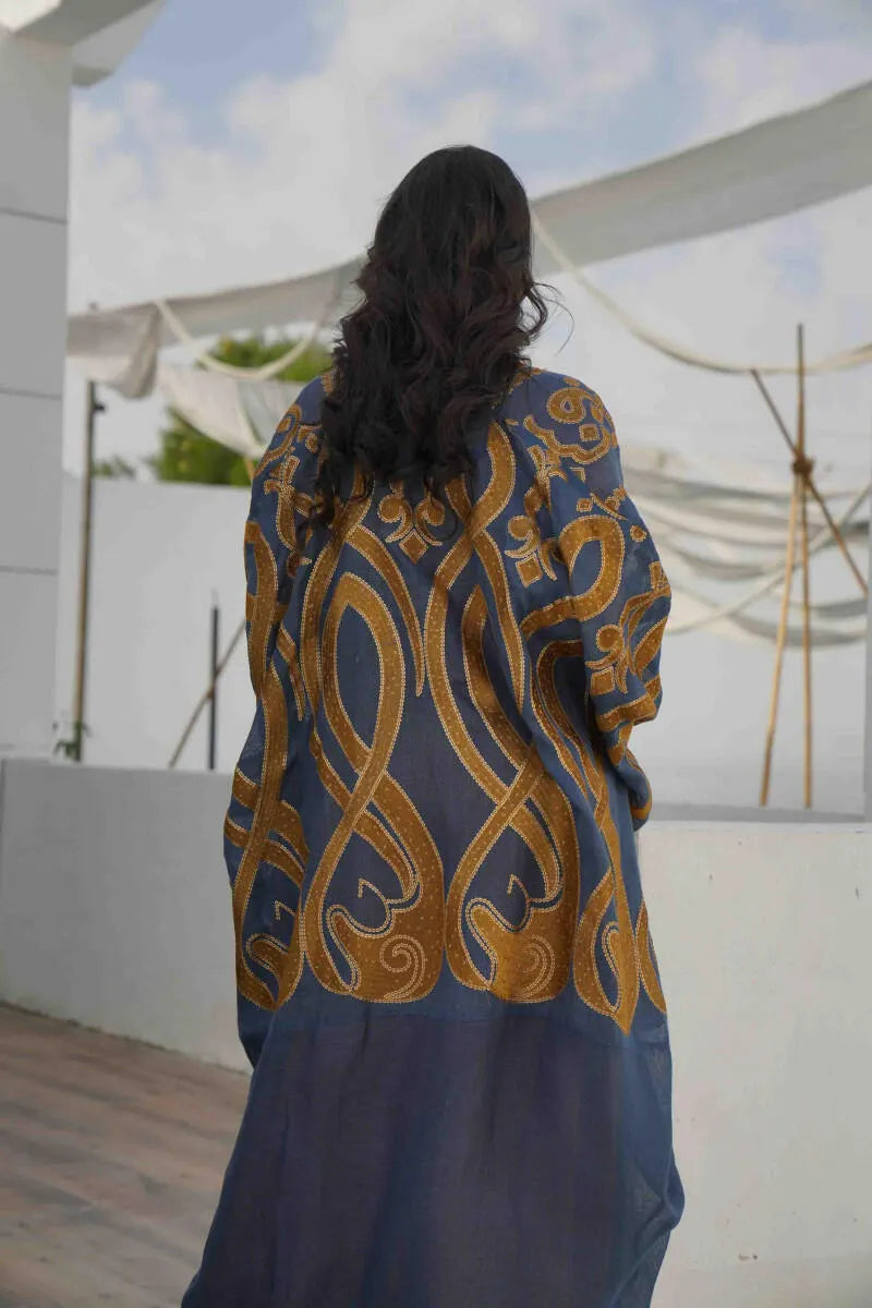 Navy blue jute fabric cloak with gold embroidery
