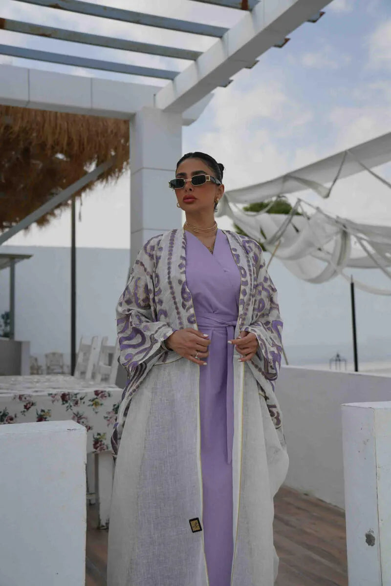 Off-white jute fabric cloak with purple embroidery