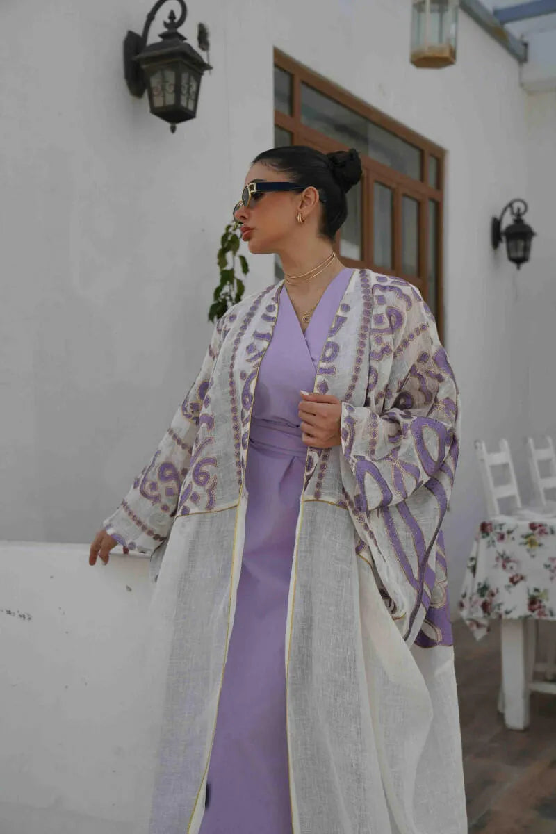 Off-white jute fabric cloak with purple embroidery