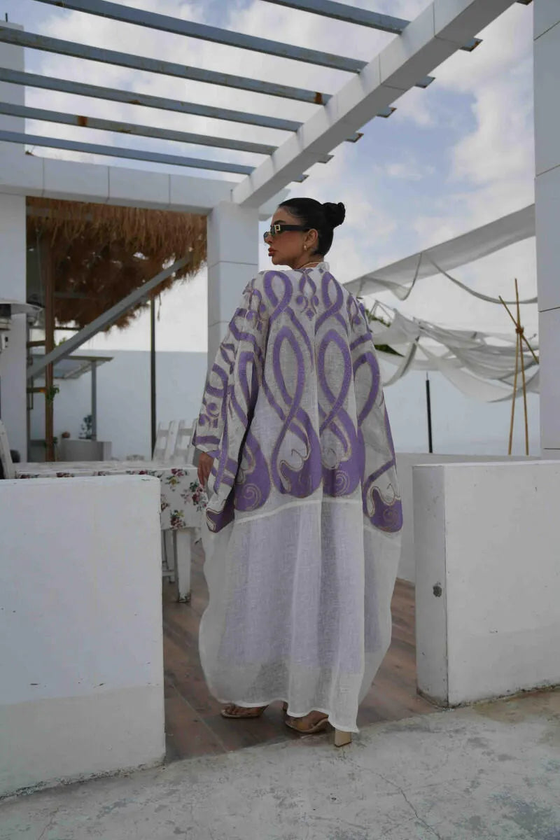 Off-white jute fabric cloak with purple embroidery