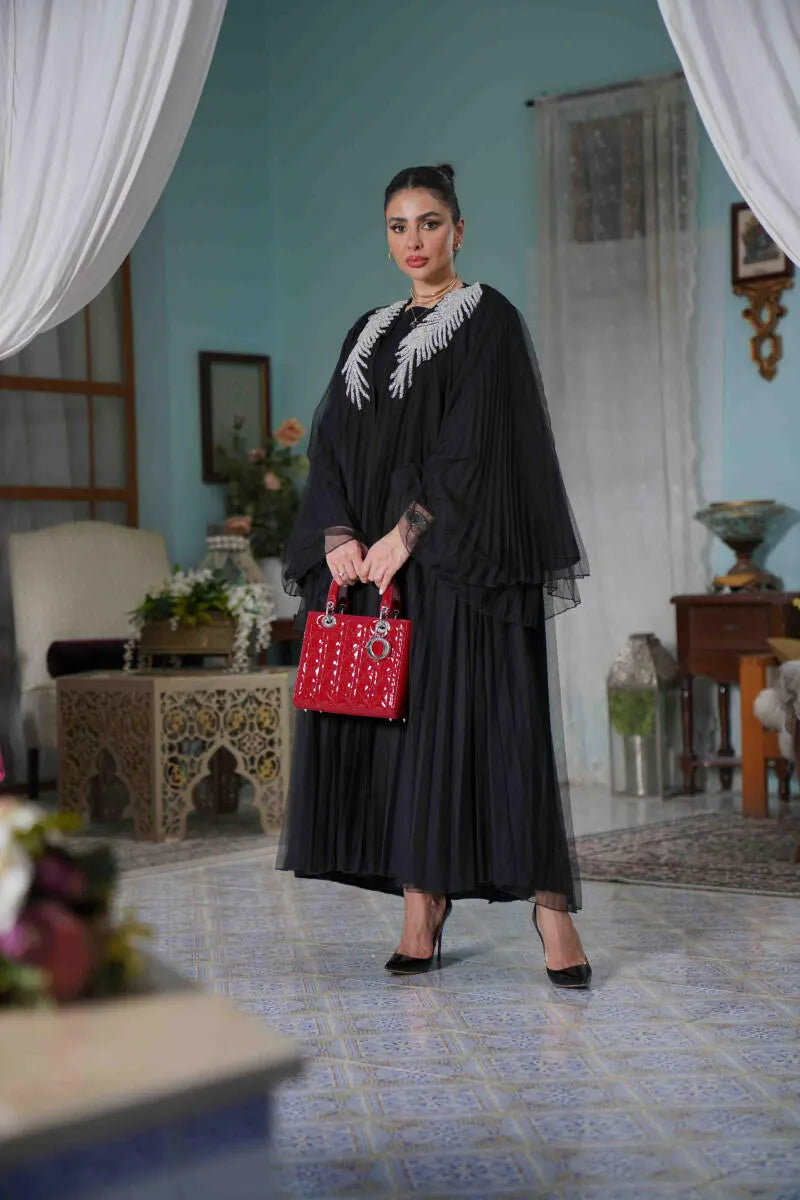 Free size tulle abaya lined with crepe with embroidery