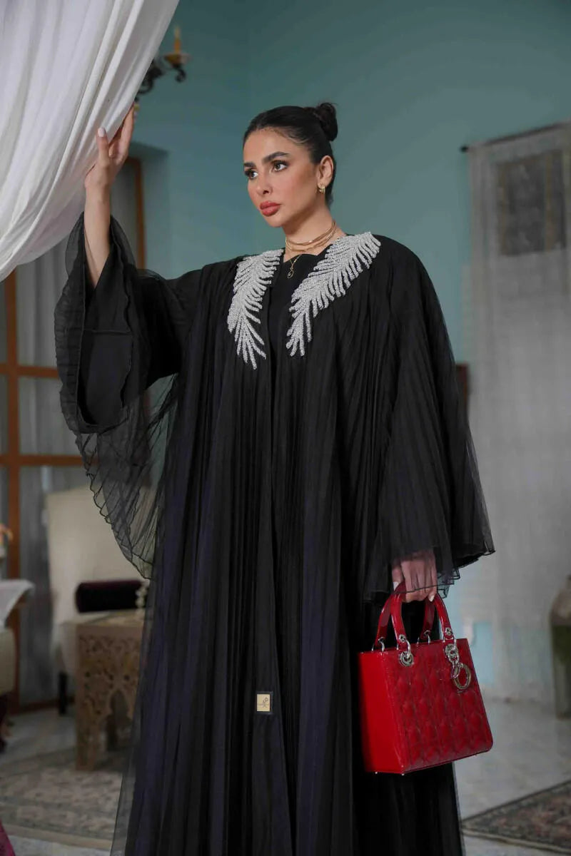 Free size tulle abaya lined with crepe with embroidery